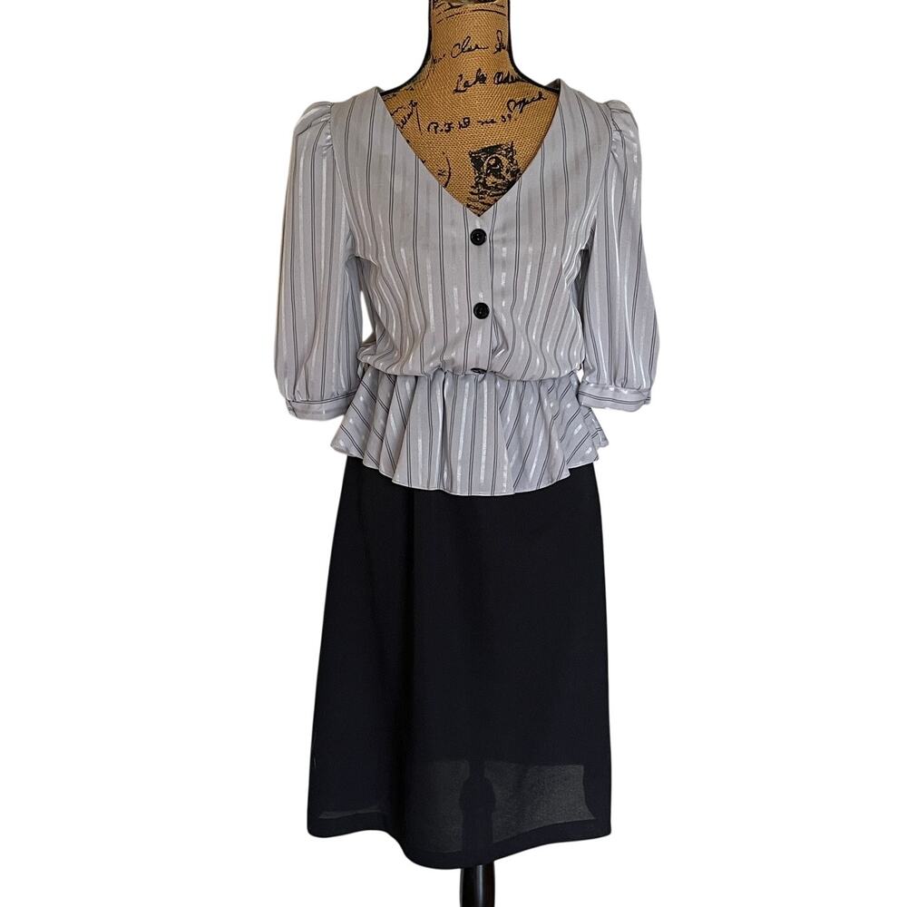 VTG 80s Black Gray Lightweight Polyester A-Line Midi Dress Women’s XS/S